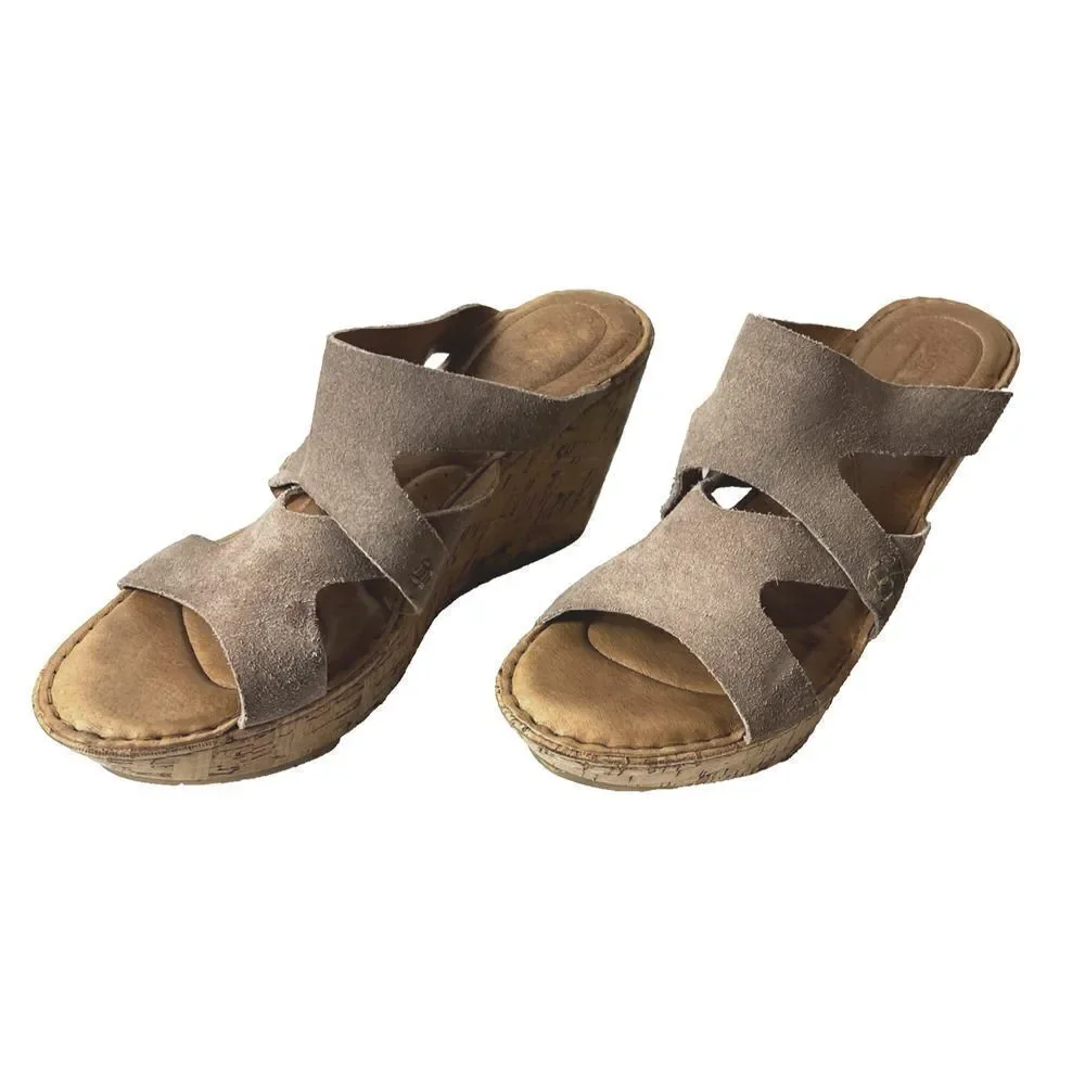 Born Tan Suede Wedge Cork Sandals Womens Sz 11 M Slip On Open Toe Comfort Casual